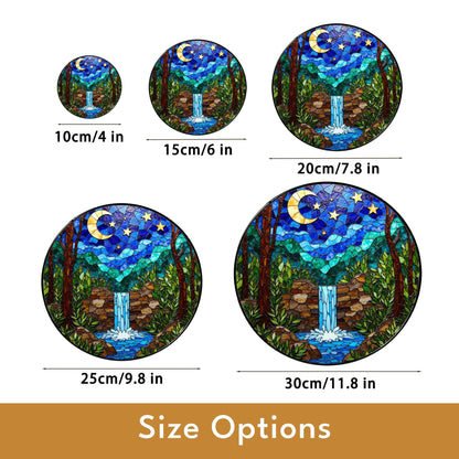 Moonlit Waterfall Forest Scene Stained Glass Style Suncatcher Gift for Nature Lover