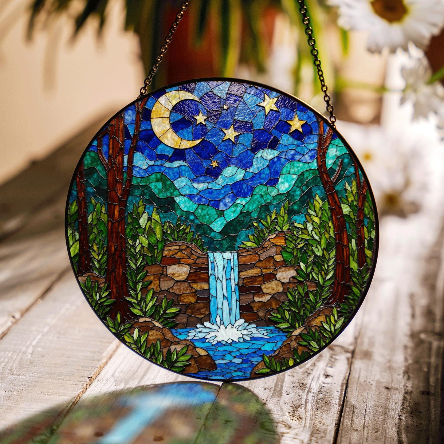 Moonlit Waterfall Forest Scene Stained Glass Style Suncatcher Gift for Nature Lover