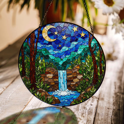 Moonlit Waterfall Forest Scene Stained Glass Style Suncatcher Gift for Nature Lover