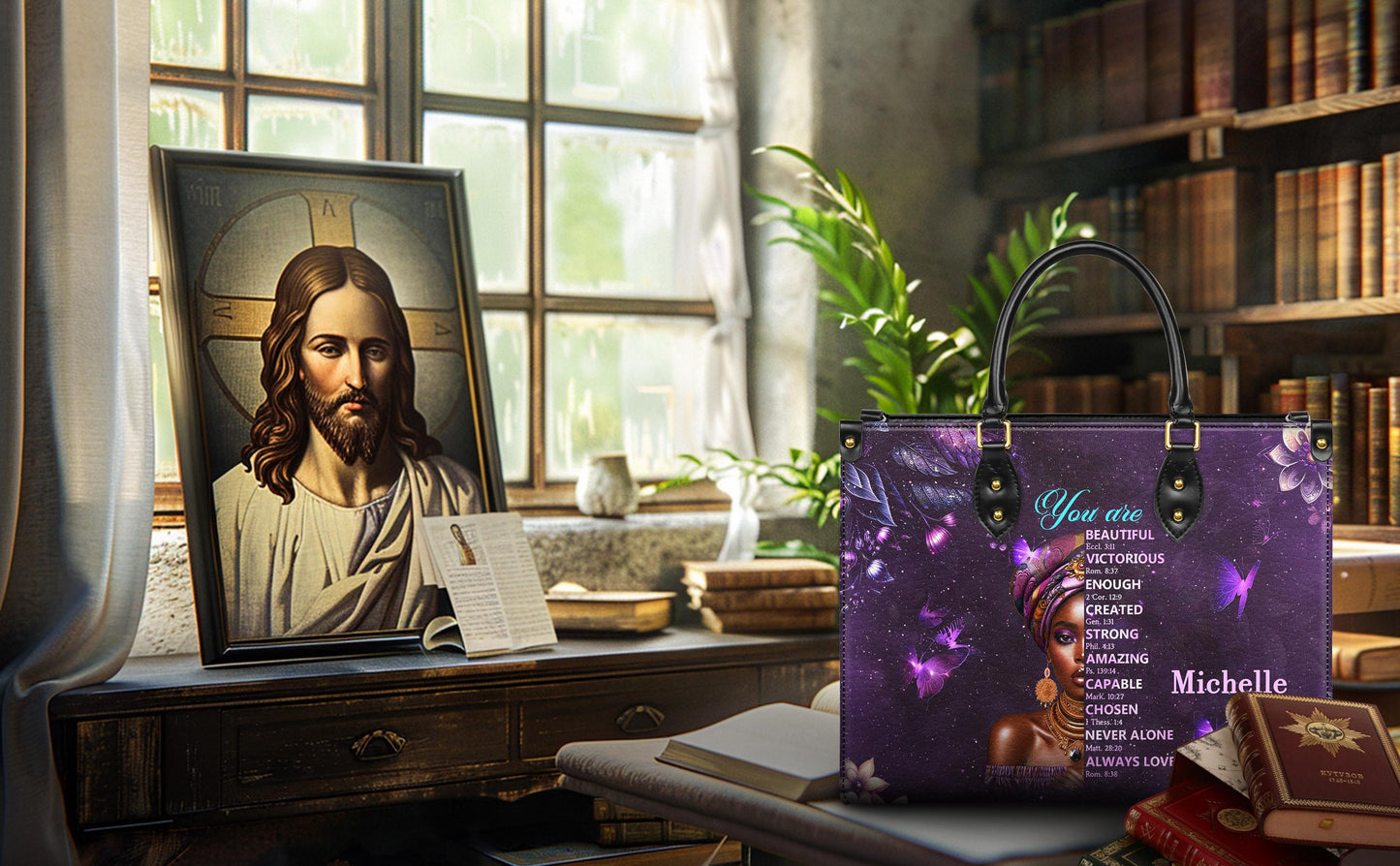 Personalized Leather Handbag Custom Name, Christian Gift, Gifts for Women, You Are Beautiful Victorious Bag, African American Woman Design