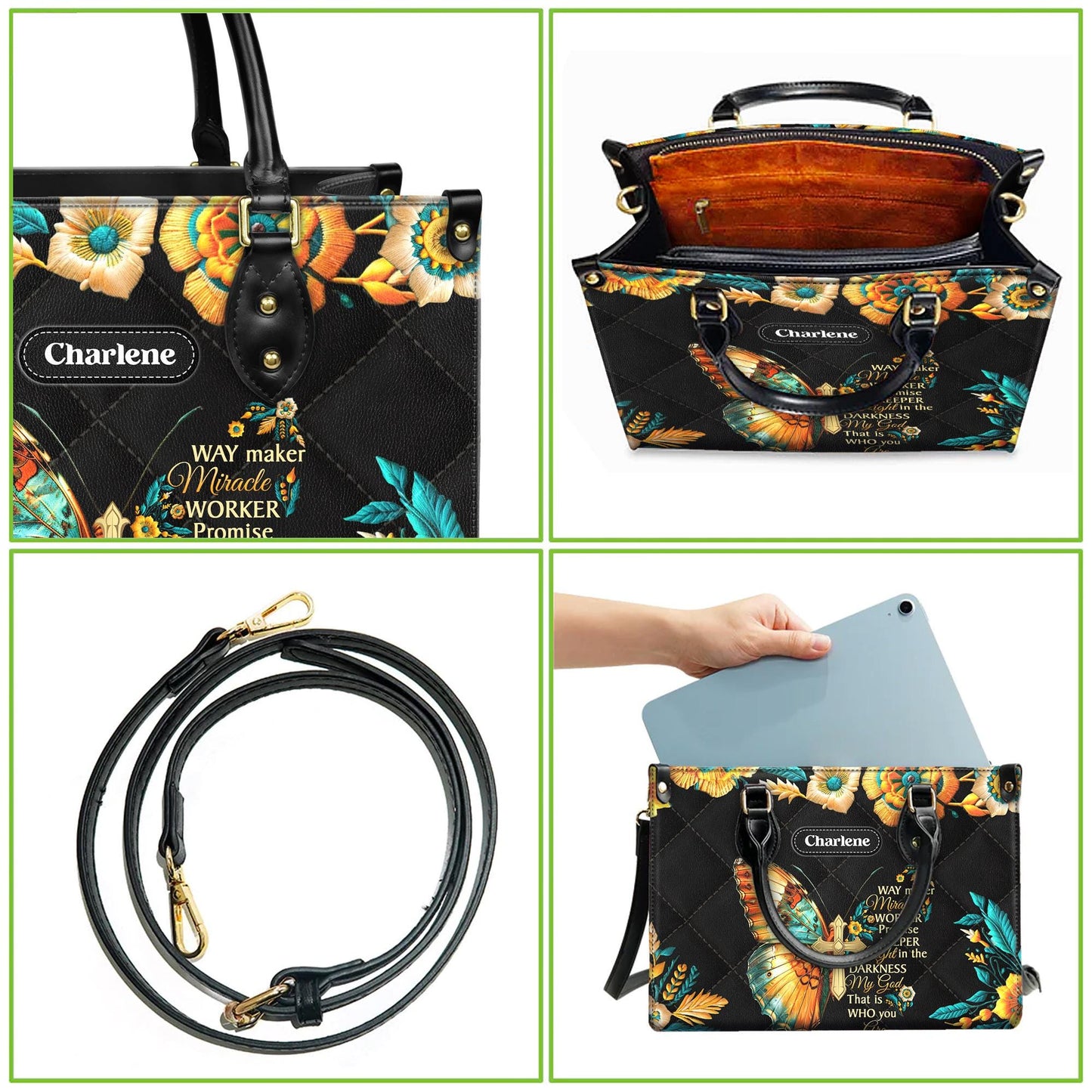 Way Maker Miracle Worker Tote, Personalized Christian Bag with Name, Faux Leather Butterfly Cross Purse, Religious Gift for Her