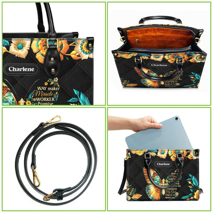 Way Maker Miracle Worker Tote, Personalized Christian Bag with Name, Faux Leather Butterfly Cross Purse, Religious Gift for Her