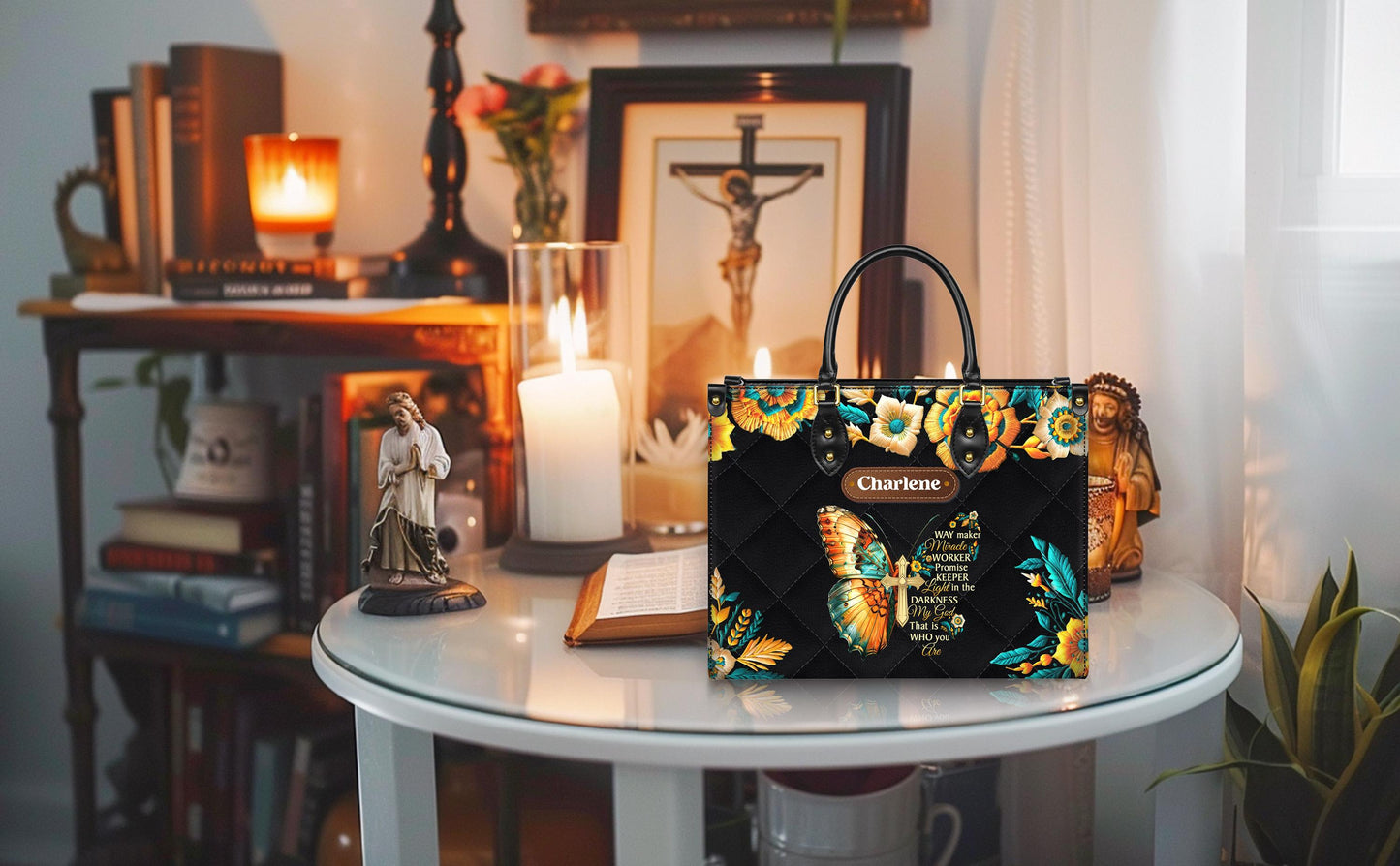 Way Maker Miracle Worker Tote, Personalized Christian Bag with Name, Faux Leather Butterfly Cross Purse, Religious Gift for Her