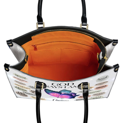 Personalized Leather Handbag Custom Name, Christian Gift, Gifts for Women, God Says I Am Bag, Butterfly and Inspirational Words Design