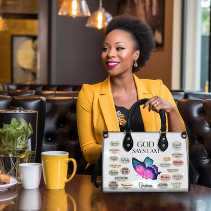 Personalized Leather Handbag Custom Name, Christian Gift, Gifts for Women, God Says I Am Bag, Butterfly and Inspirational Words Design