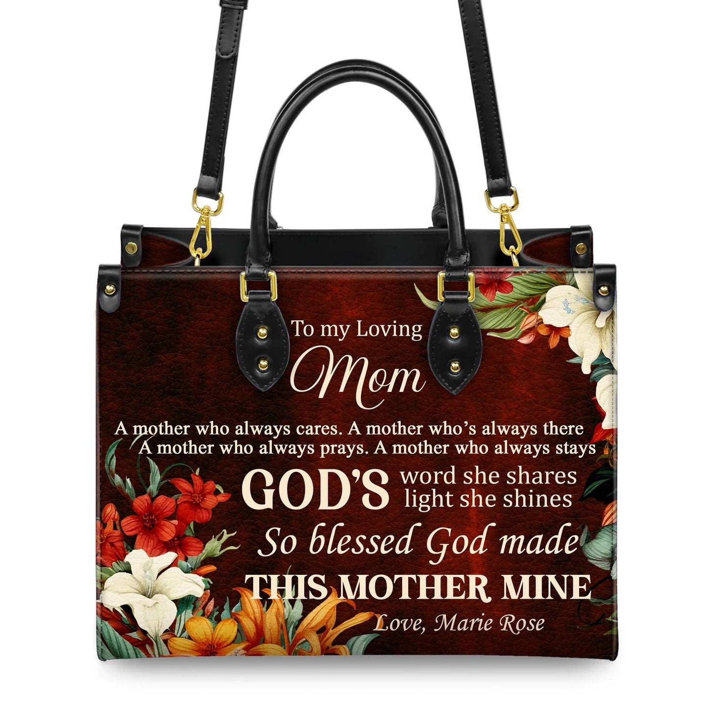 Personalized Leather Handbag Custom Name, Christian Gift, Gifts for Women, To My Loving Mom Bag, God’s Word and Floral Design