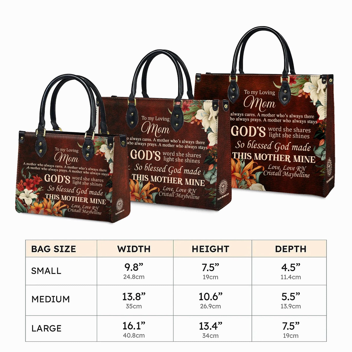Personalized Leather Handbag Custom Name, Christian Gift, Gifts for Women, To My Loving Mom Bag, God’s Word and Floral Design
