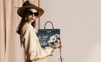 Personalized Christian Tote Bag, Be Still And Know Floral Purse, Custom Name Denim Style Handbag, Religious Gift for Her, Psalm 46:10 Bag