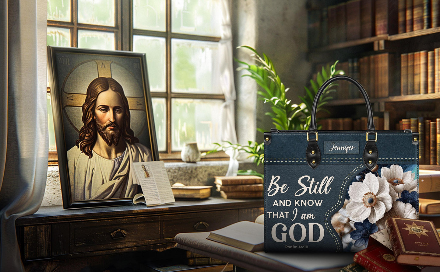 Personalized Christian Tote Bag, Be Still And Know Floral Purse, Custom Name Denim Style Handbag, Religious Gift for Her, Psalm 46:10 Bag