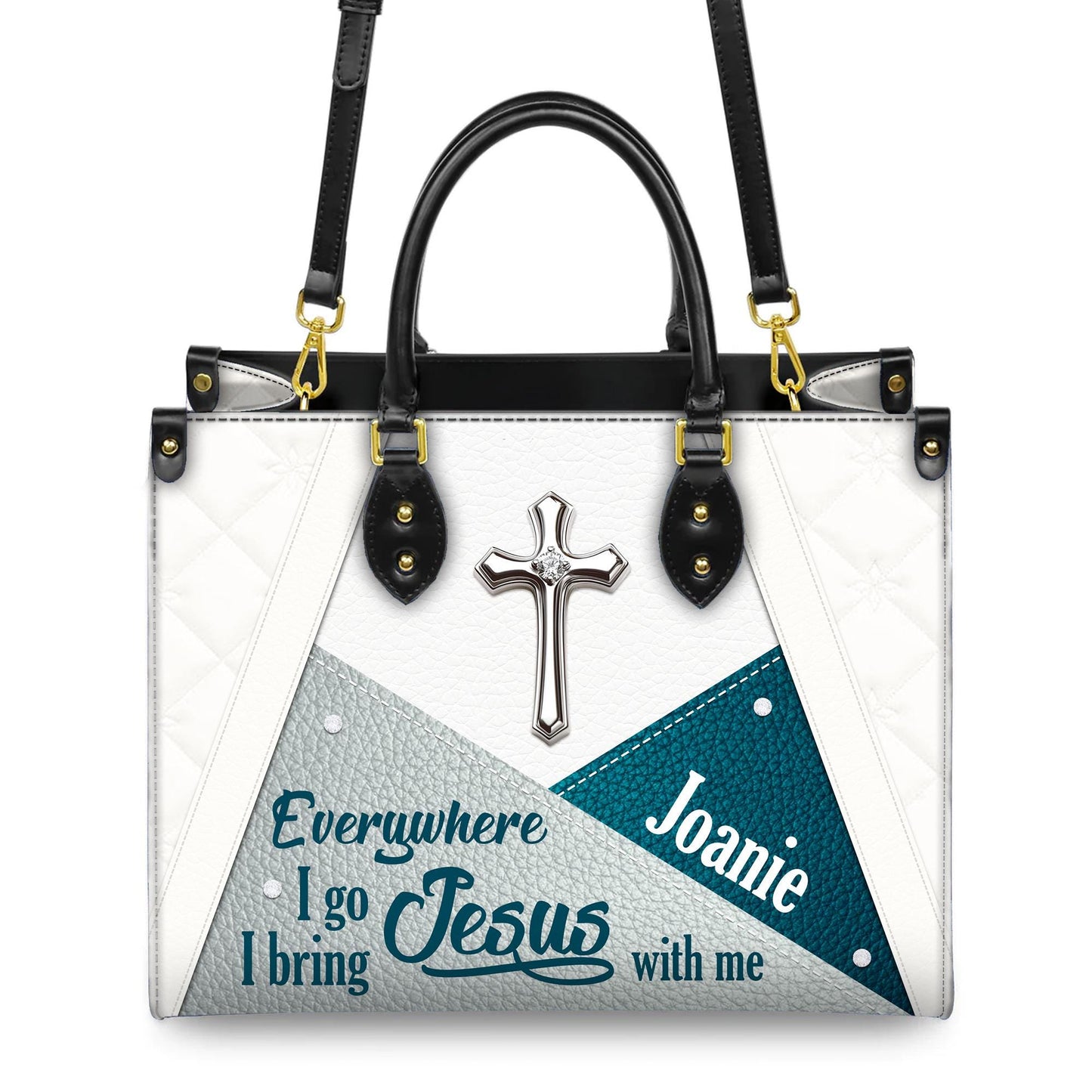 Personalized Leather Handbag Custom Name, Christian Gift, Gifts for Women, Everywhere I Go Jesus With Me Bag, Cross & Geometric Design