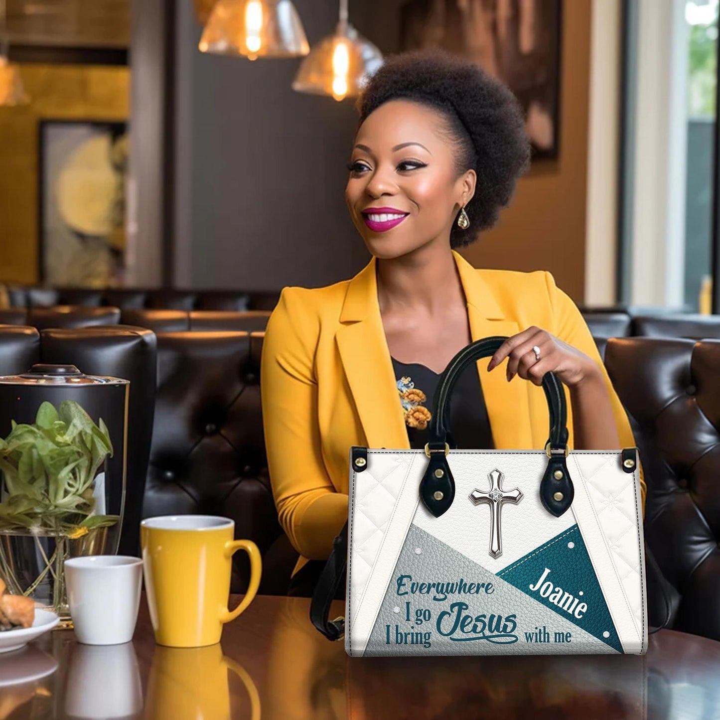 Personalized Leather Handbag Custom Name, Christian Gift, Gifts for Women, Everywhere I Go Jesus With Me Bag, Cross & Geometric Design