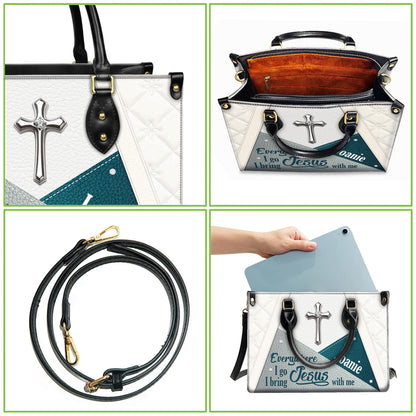 Personalized Leather Handbag Custom Name, Christian Gift, Gifts for Women, Everywhere I Go Jesus With Me Bag, Cross & Geometric Design