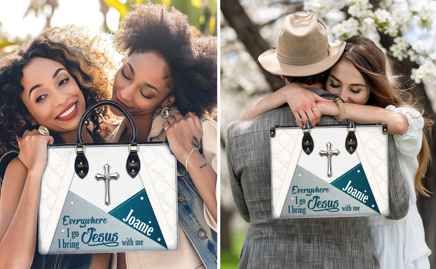 Personalized Leather Handbag Custom Name, Christian Gift, Gifts for Women, Everywhere I Go Jesus With Me Bag, Cross & Geometric Design