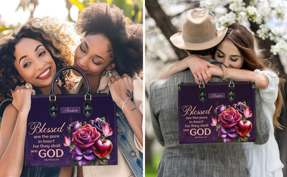 Personalized Leather Handbag Custom Name, Christian Gift, Gifts for Women, Blessed Are the Pure in Heart Bag, Rose & Heart Design