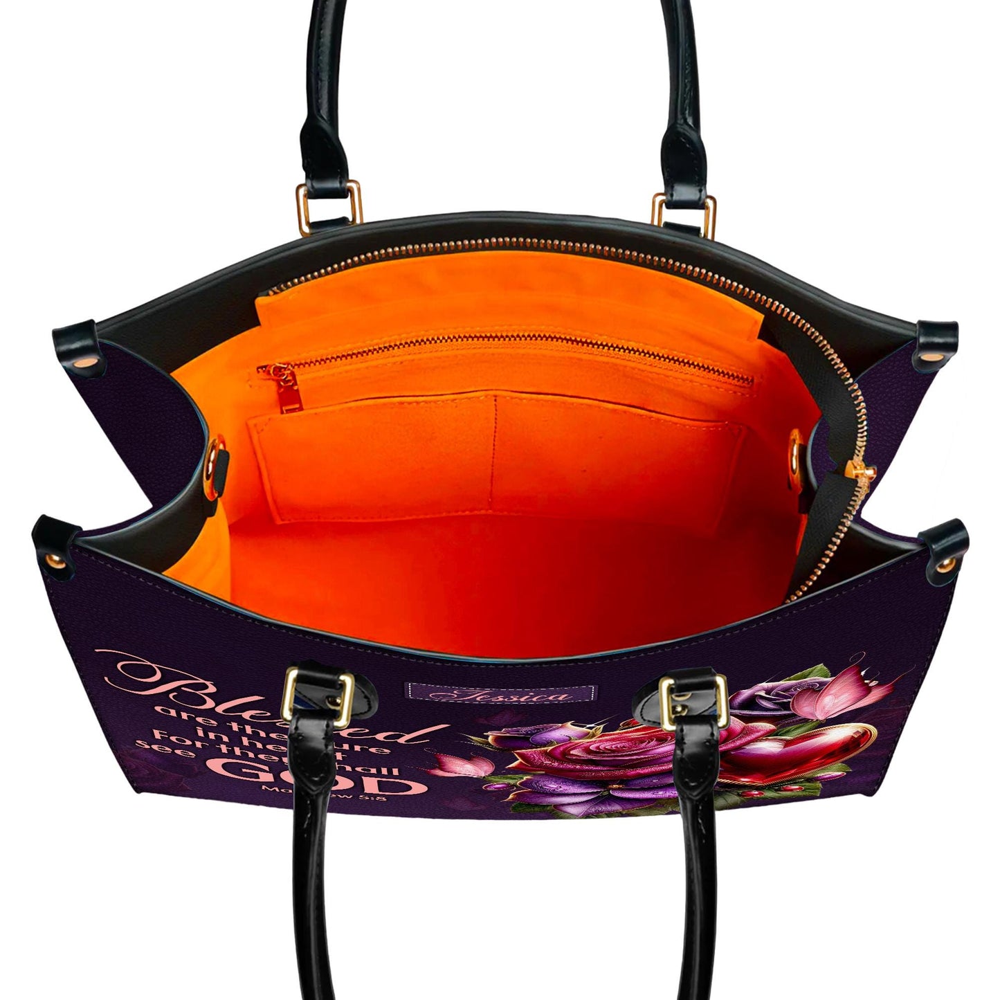 Personalized Leather Handbag Custom Name, Christian Gift, Gifts for Women, Blessed Are the Pure in Heart Bag, Rose & Heart Design