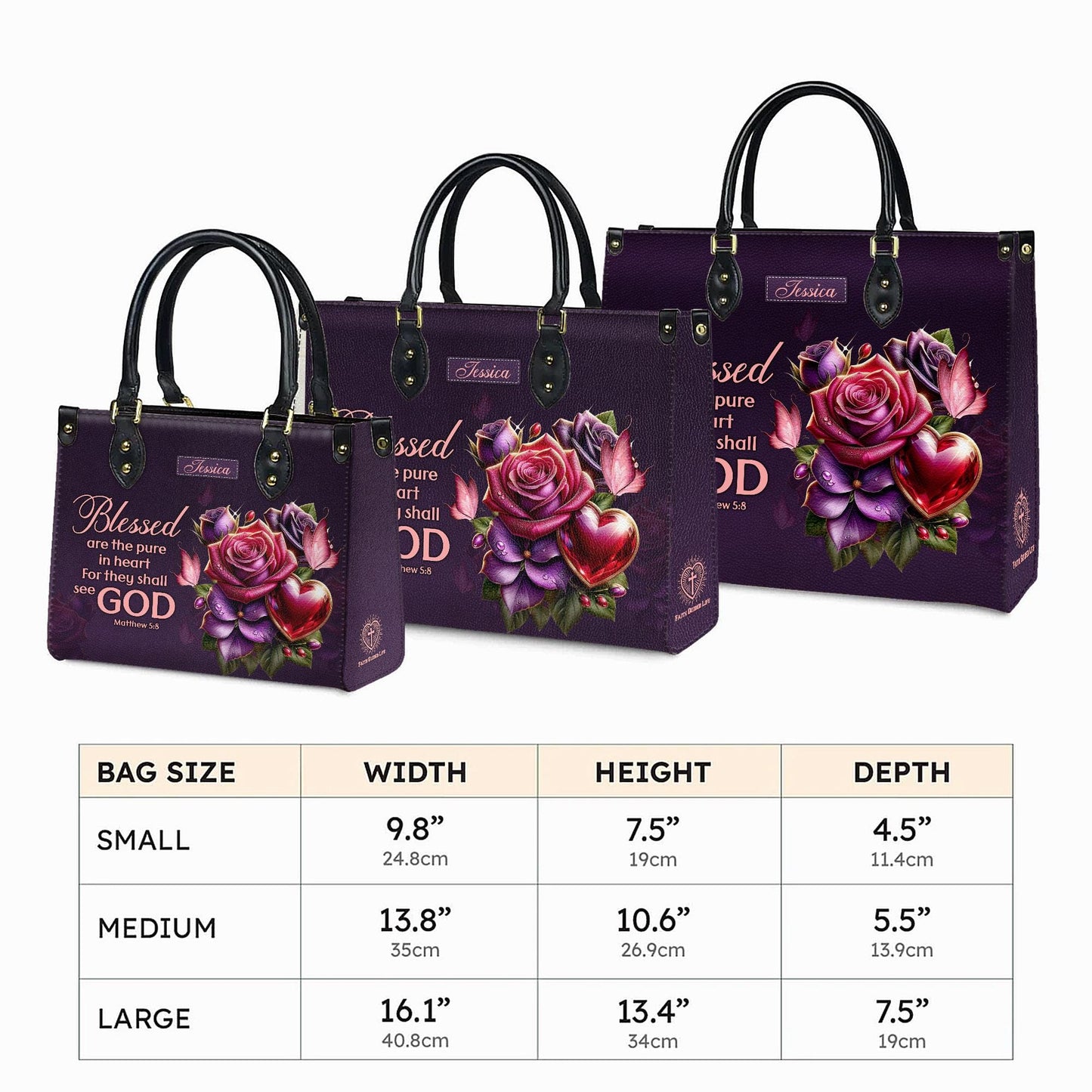 Personalized Leather Handbag Custom Name, Christian Gift, Gifts for Women, Blessed Are the Pure in Heart Bag, Rose & Heart Design
