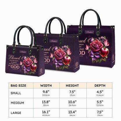 Personalized Leather Handbag Custom Name, Christian Gift, Gifts for Women, Blessed Are the Pure in Heart Bag, Rose & Heart Design