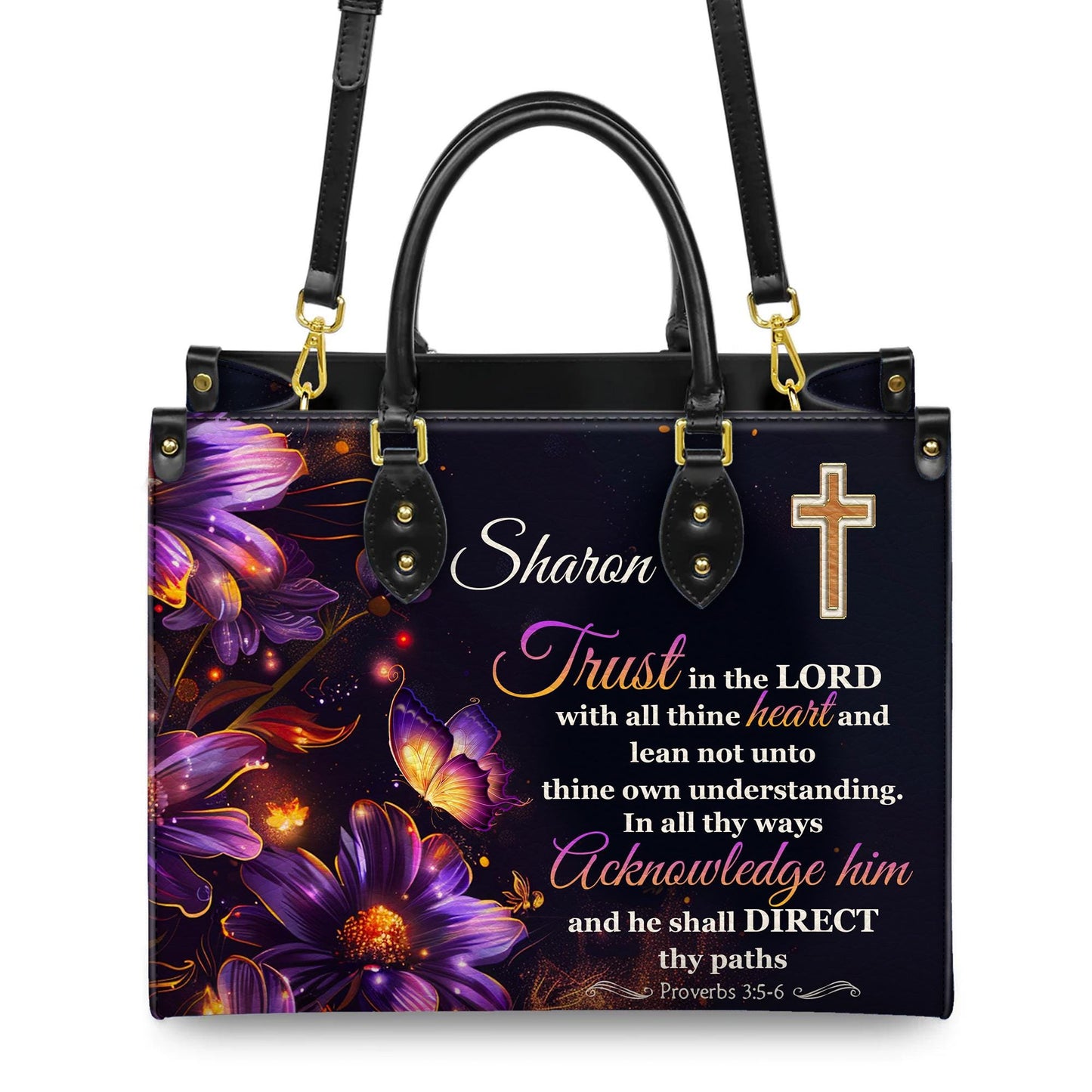 Personalized Leather Handbag Custom Name, Christian Gift, Gifts for Women, Trust in the Lord Bag, Floral Cross & Butterfly Design