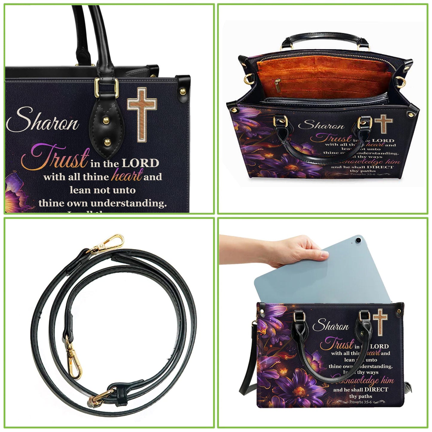 Personalized Leather Handbag Custom Name, Christian Gift, Gifts for Women, Trust in the Lord Bag, Floral Cross & Butterfly Design