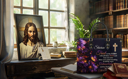 Personalized Leather Handbag Custom Name, Christian Gift, Gifts for Women, Trust in the Lord Bag, Floral Cross & Butterfly Design