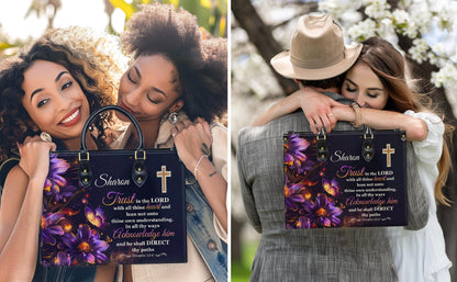 Personalized Leather Handbag Custom Name, Christian Gift, Gifts for Women, Trust in the Lord Bag, Floral Cross & Butterfly Design