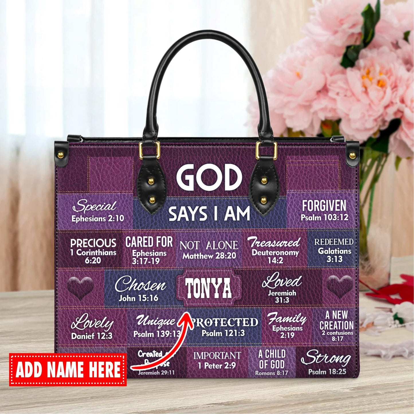 Personalized Leather Handbag Custom Name, Christian Gift, Gifts for Women, God Says I Am Inspirational Bag, Bible Verses Design