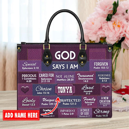 Personalized Leather Handbag Custom Name, Christian Gift, Gifts for Women, God Says I Am Inspirational Bag, Bible Verses Design