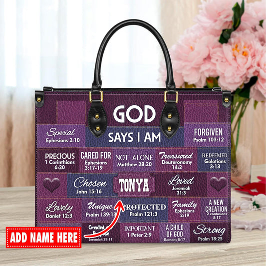 Personalized Leather Handbag Custom Name, Christian Gift, Gifts for Women, God Says I Am Inspirational Bag, Bible Verses Design