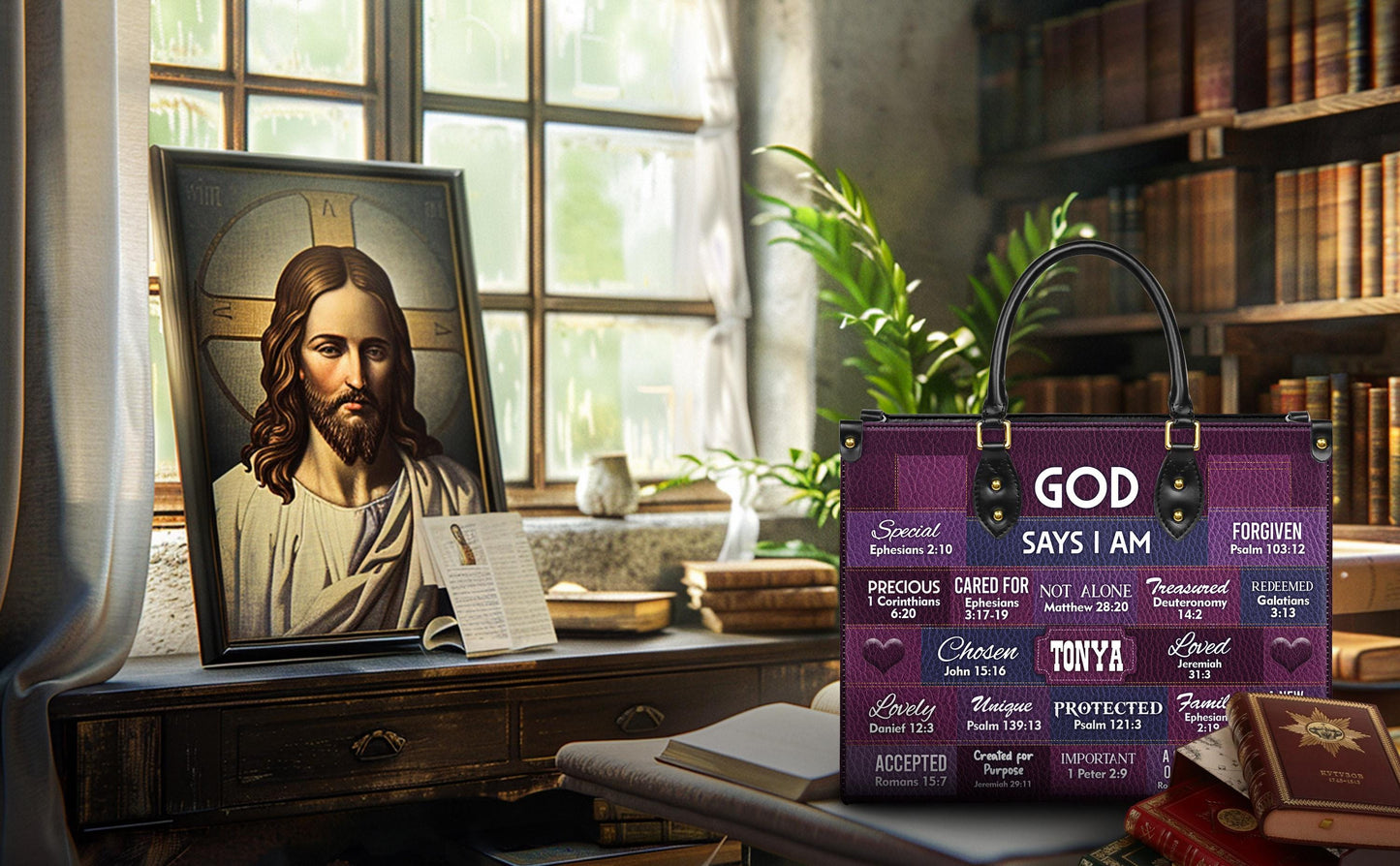 Personalized Leather Handbag Custom Name, Christian Gift, Gifts for Women, God Says I Am Inspirational Bag, Bible Verses Design