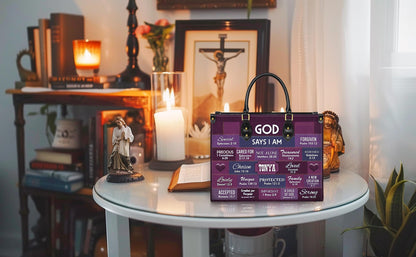 Personalized Leather Handbag Custom Name, Christian Gift, Gifts for Women, God Says I Am Inspirational Bag, Bible Verses Design