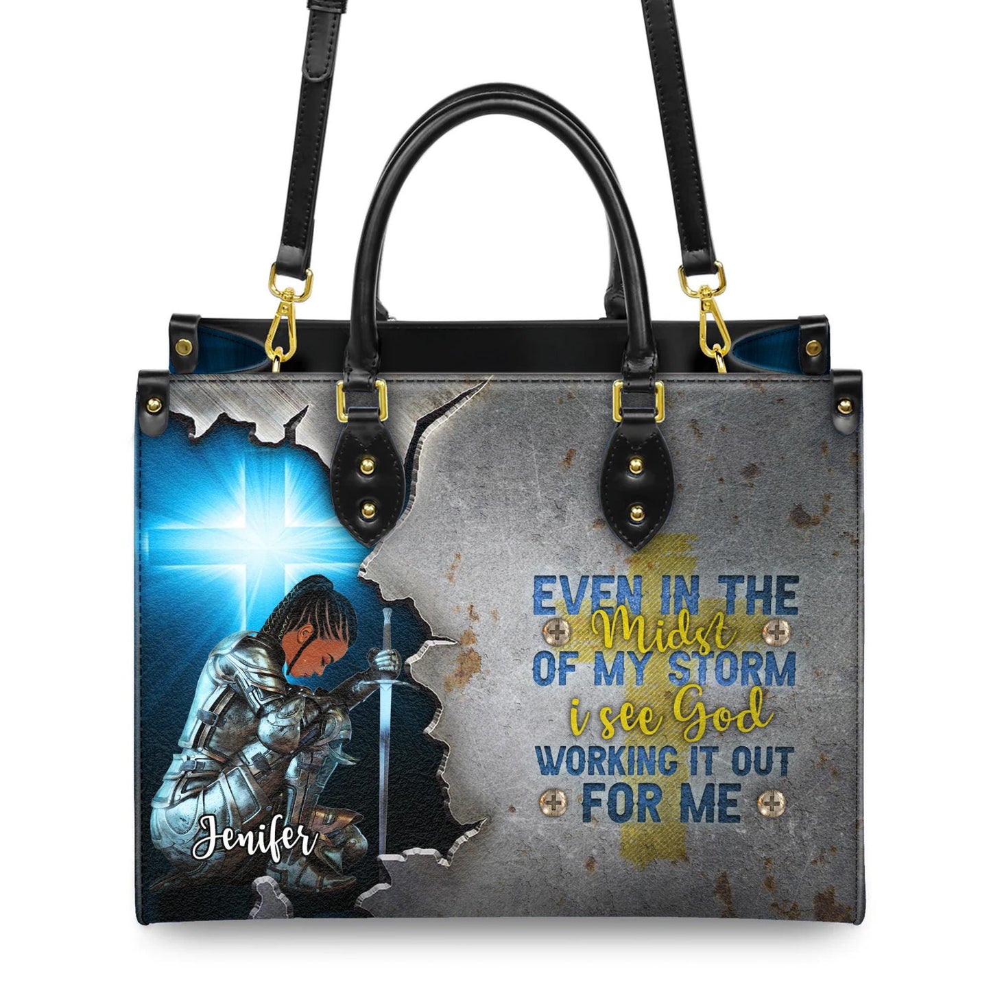 Spiritual Warrior Tote Bag, Personalized Christian Gift for Black Woman, Knight of Faith Purse, Even In The Storm Custom Name Handbag