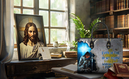 Spiritual Warrior Tote Bag, Personalized Christian Gift for Black Woman, Knight of Faith Purse, Even In The Storm Custom Name Handbag