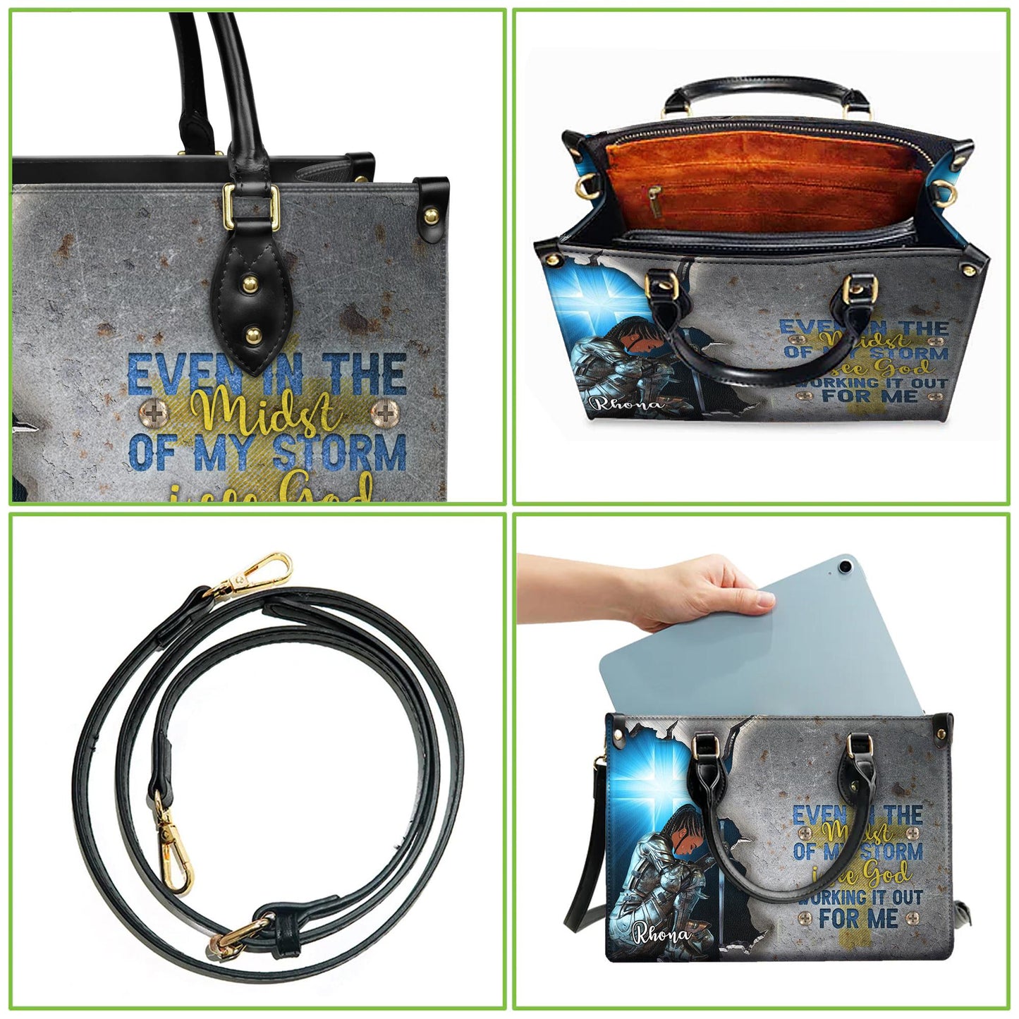 Spiritual Warrior Tote Bag, Personalized Christian Gift for Black Woman, Knight of Faith Purse, Even In The Storm Custom Name Handbag