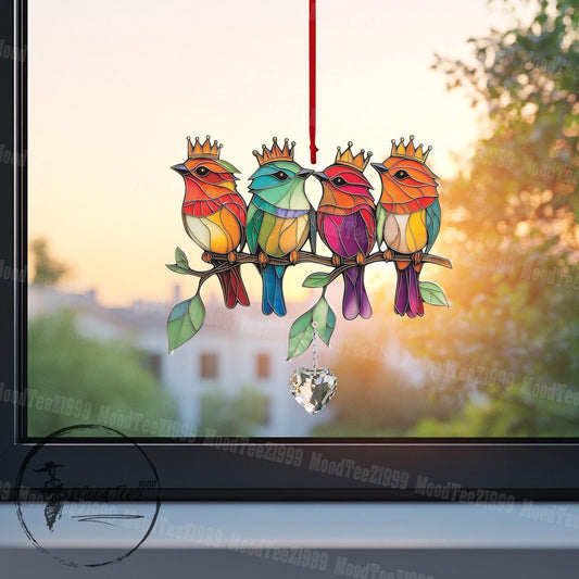 Four Colorful Birds with Crystal Window Hanging, Crystal Ornament, Bird Lover Gift, Home Decor, Unique Window Art, Decorative Hanging