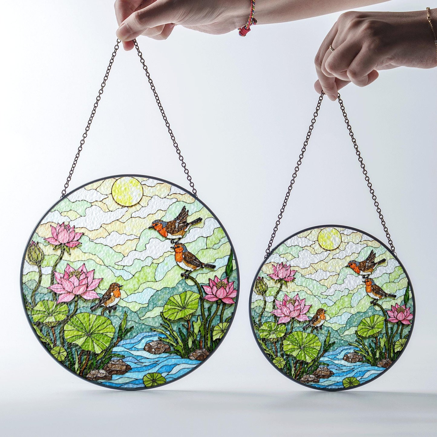 Birds and Lotus Pond Stained Glass Suncatcher Window Decor Gift for Nature Lover Friend