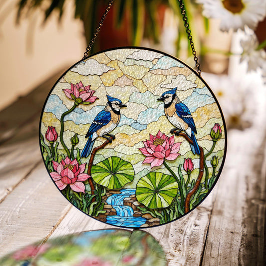 blue jay lotus flower creek stained glass suncatcher bird window decor gift for mom
