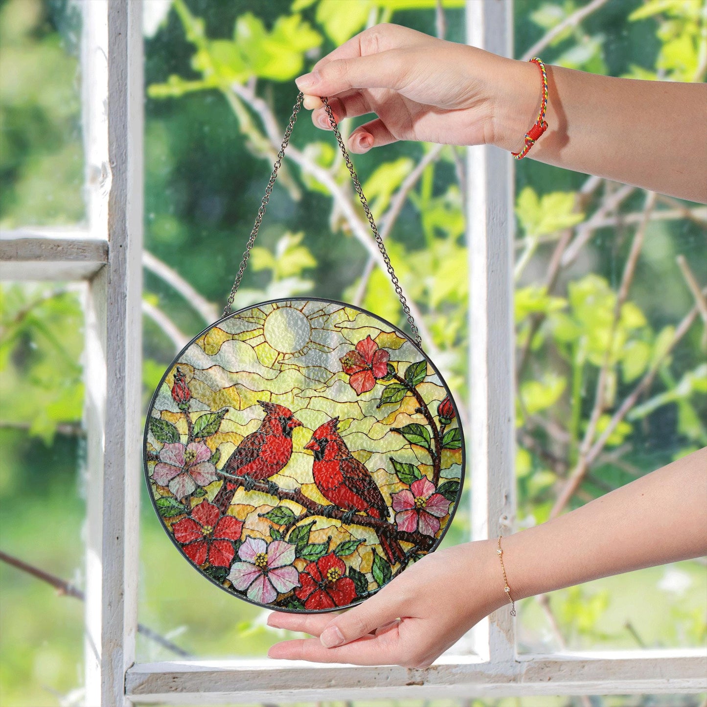 Red Cardinals on Flower Branch Stained Glass Suncatcher Window Art Gift for Mom