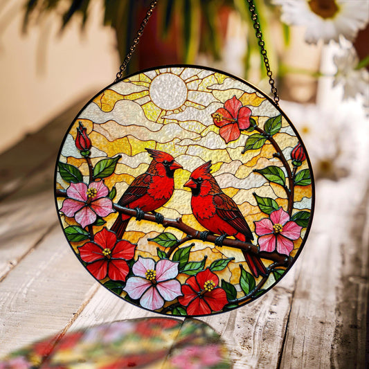 Red Cardinals on Flower Branch Stained Glass Suncatcher Window Art Gift for Mom