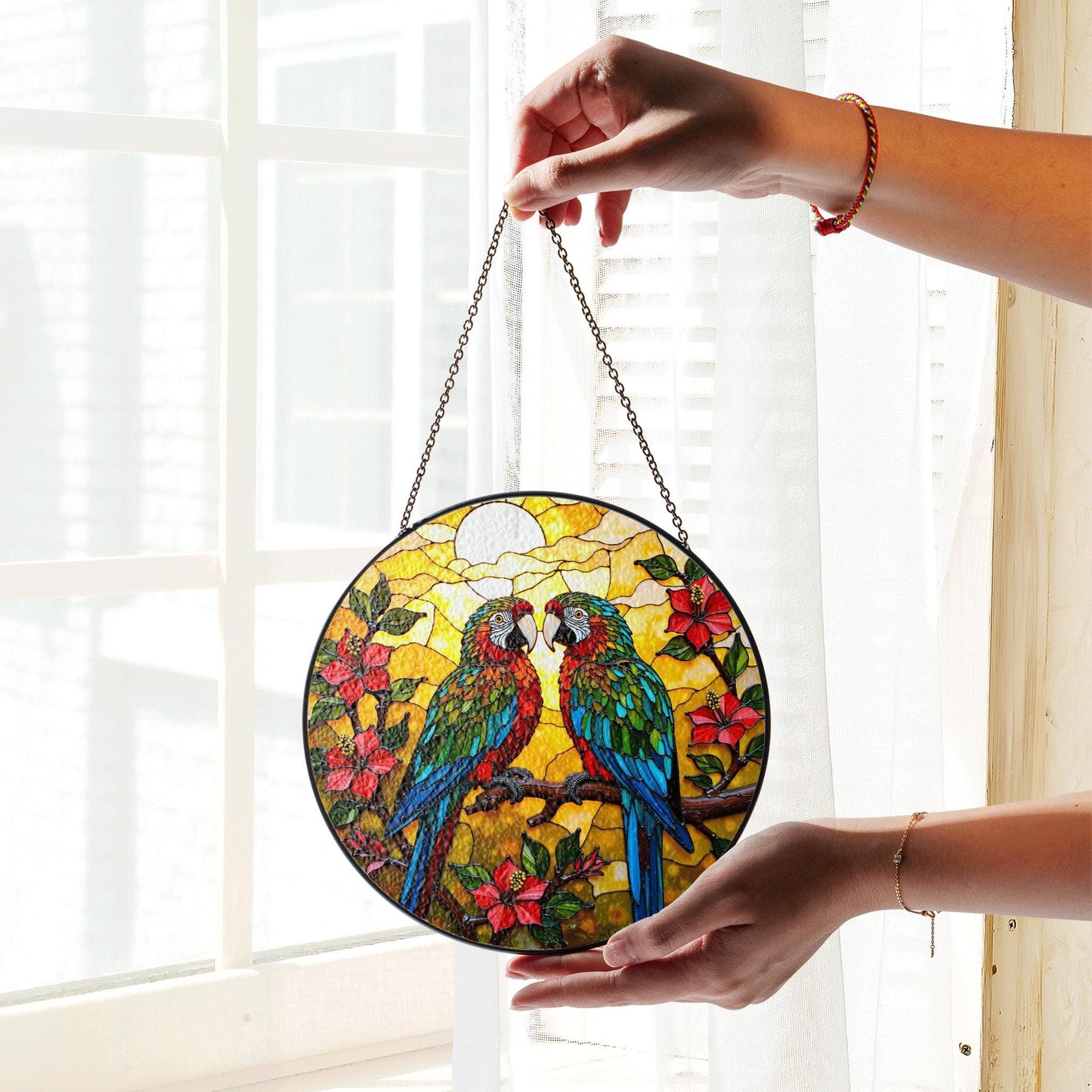Colorful Parrots Tropical Flowers Stained Glass Window Hanging Round Suncatcher Gift for Bird Lovers