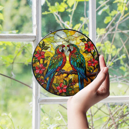 Colorful Parrots Tropical Flowers Stained Glass Window Hanging Round Suncatcher Gift for Bird Lovers