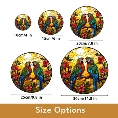 Colorful Parrots Tropical Flowers Stained Glass Window Hanging Round Suncatcher Gift for Bird Lovers
