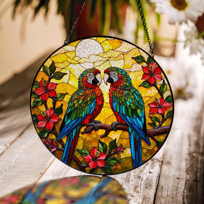Colorful Parrots Tropical Flowers Stained Glass Window Hanging Round Suncatcher Gift for Bird Lovers
