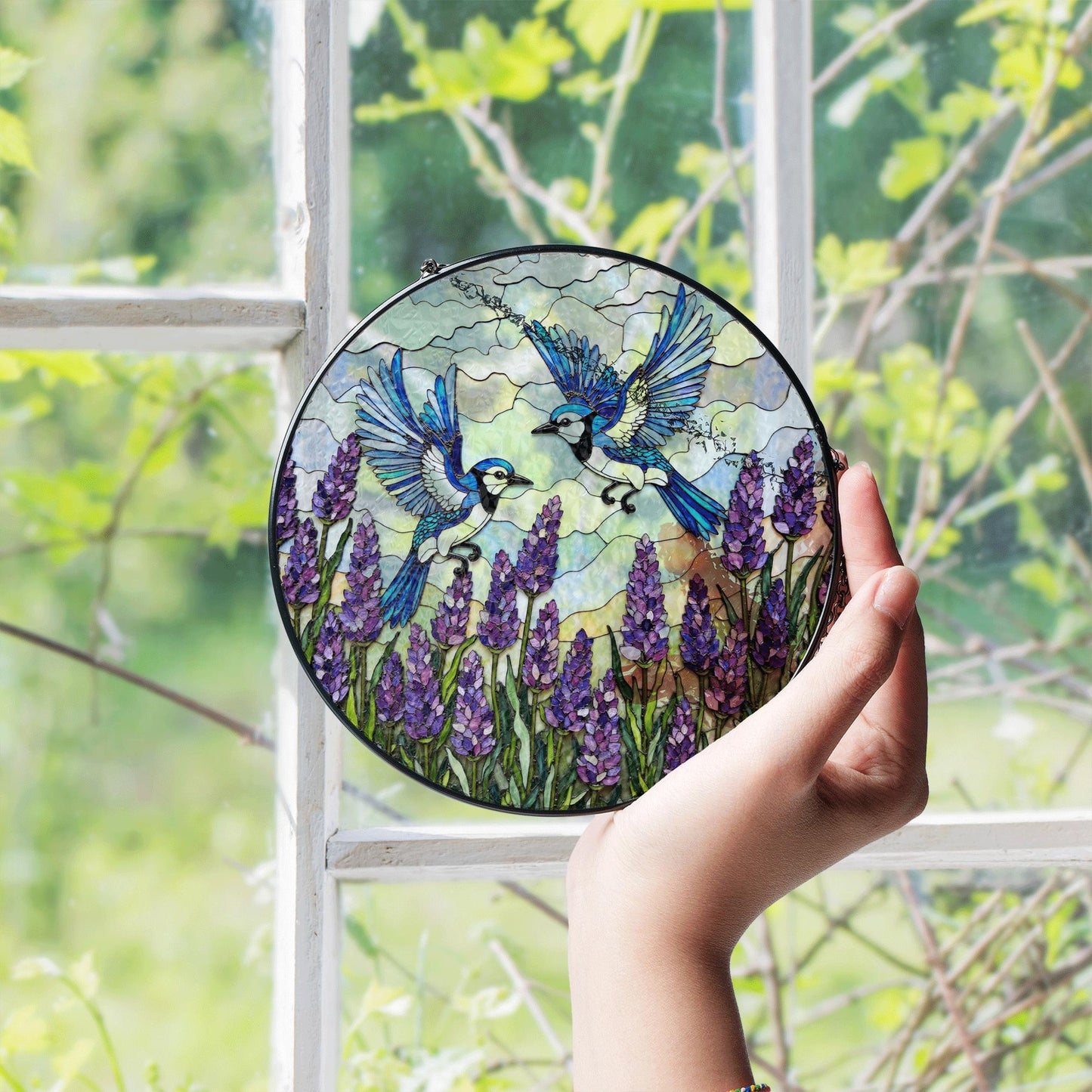 Blue Jays Flying Over Lavender Field Round Stained Glass Suncatcher Gift for Bird Lover