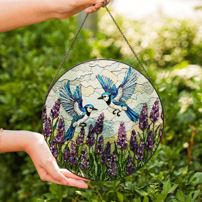 Blue Jays Flying Over Lavender Field Round Stained Glass Suncatcher Gift for Bird Lover