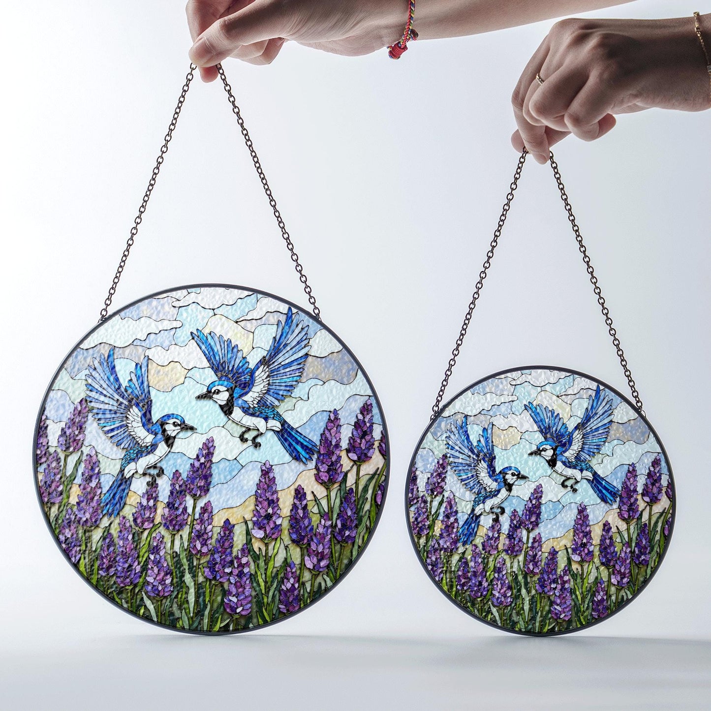 Blue Jays Flying Over Lavender Field Round Stained Glass Suncatcher Gift for Bird Lover