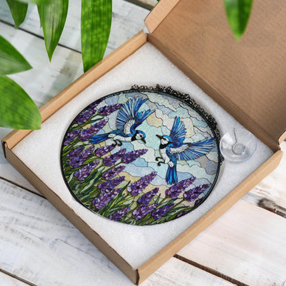 Blue Jays Flying Over Lavender Field Round Stained Glass Suncatcher Gift for Bird Lover
