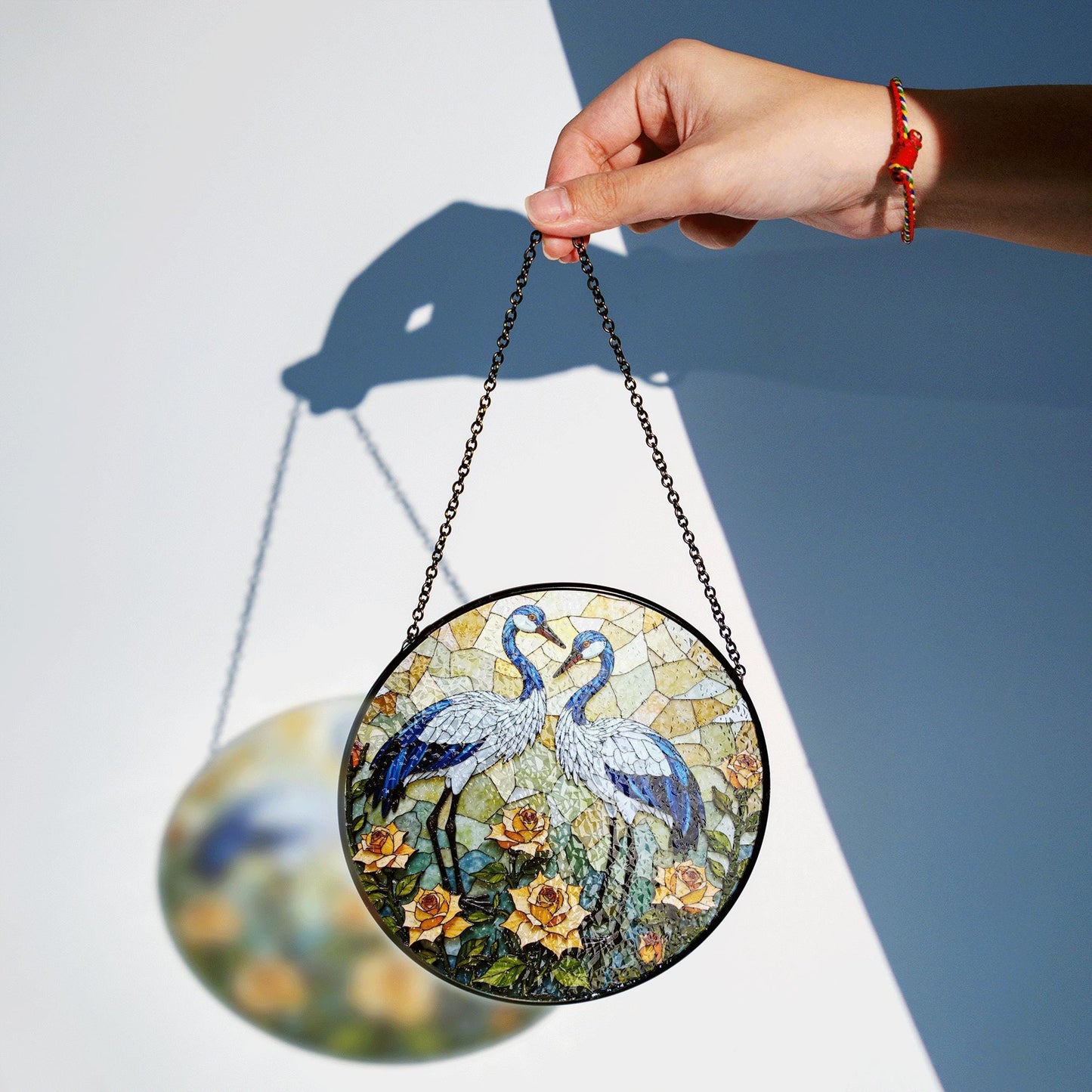 Blue cranes floral suncatcher stained glass window decor perfect gift for bird lovers