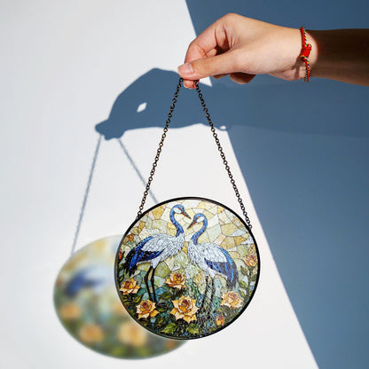 Blue cranes floral suncatcher stained glass window decor perfect gift for bird lovers
