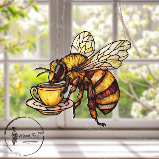 Bee with Coffee Cup Window Hanging, Handcrafted Mosaic with Fun Design, Unique Home Decor, Colorful Hanging Ornament, Decorative Window Art