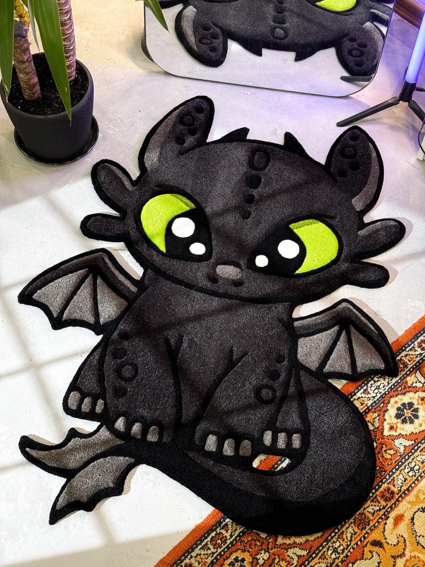 Cute Dragor Cartoon Character Rug, Dragon Rug, Bedroom Tufted Rug, Black Rug, Tufted Dragon